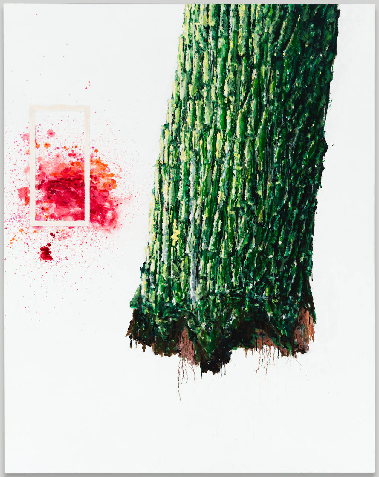 Painting has a stark white background. Left side of canvas has a realistic tree trunk in various shades of green. Pink splat with white rectangle along left middle of canvas.